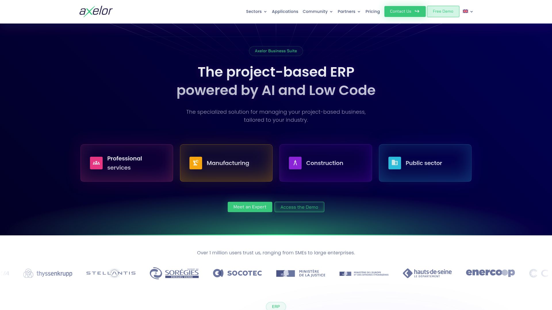 Screenshot of Axelor ERP website homepage showing their modular interface.