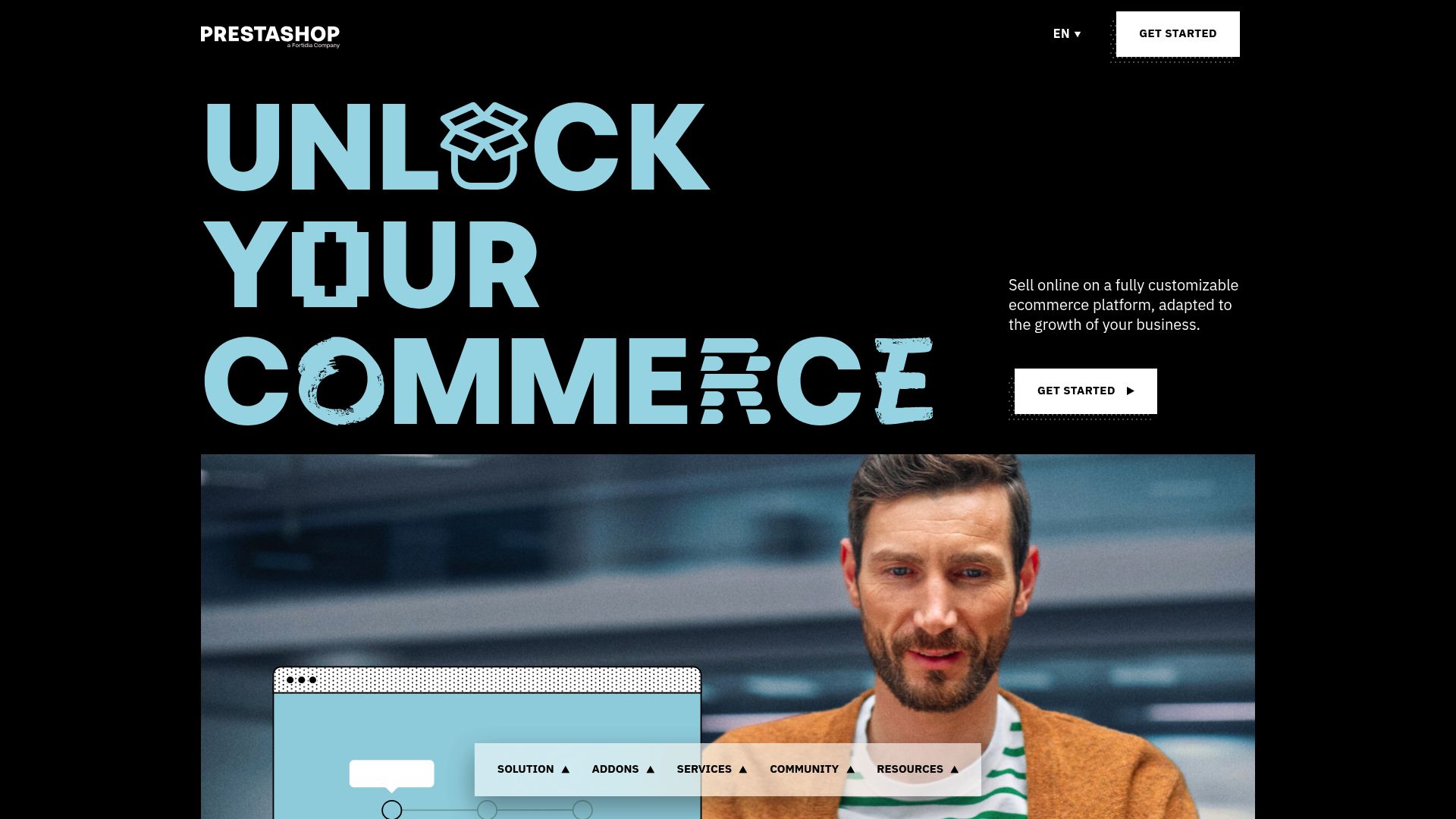 PrestaShop official website homepage showing e-commerce solutions