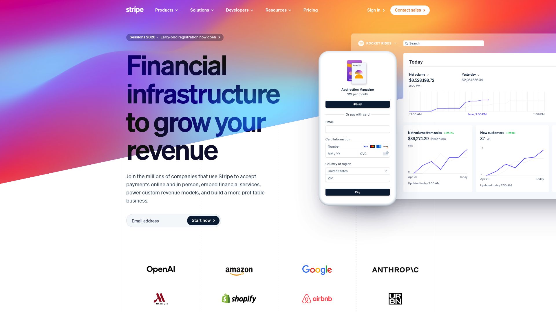 Stripe homepage illustrating payment processing solutions for internet business