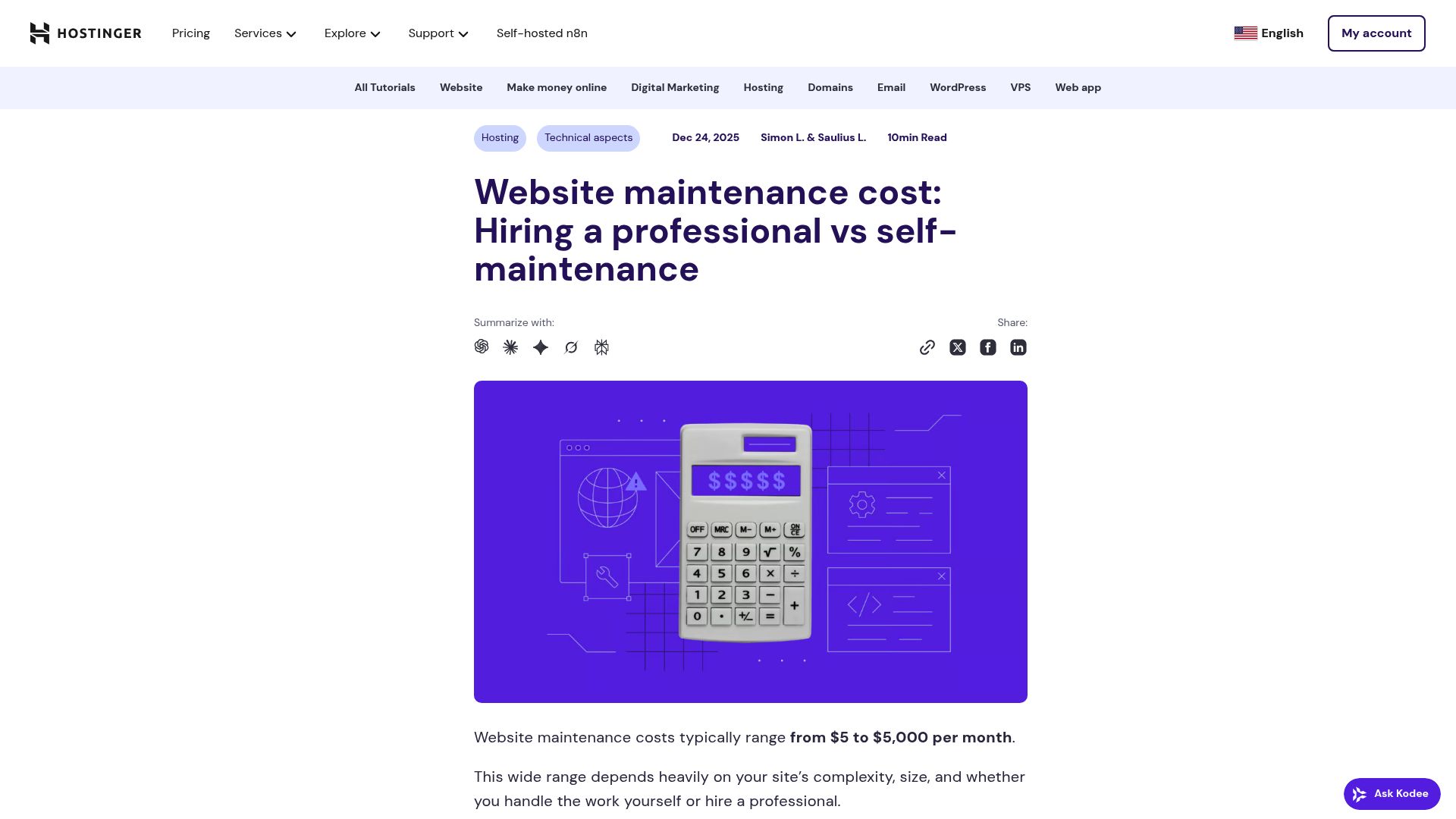 Hostinger tutorial page screenshot discussing unexpected website costs and maintenance pricing