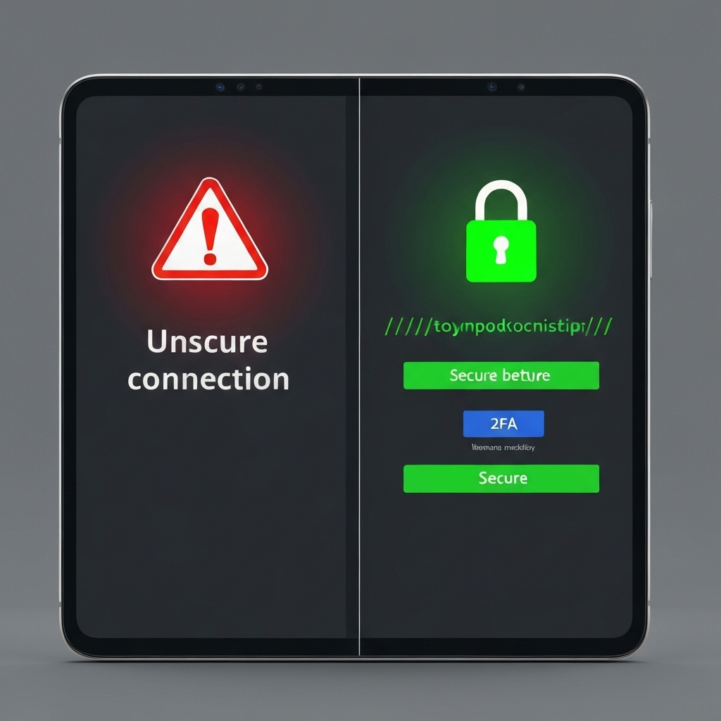 Comparison showing unsecured login versus secure login with 2FA and complex URL structure
