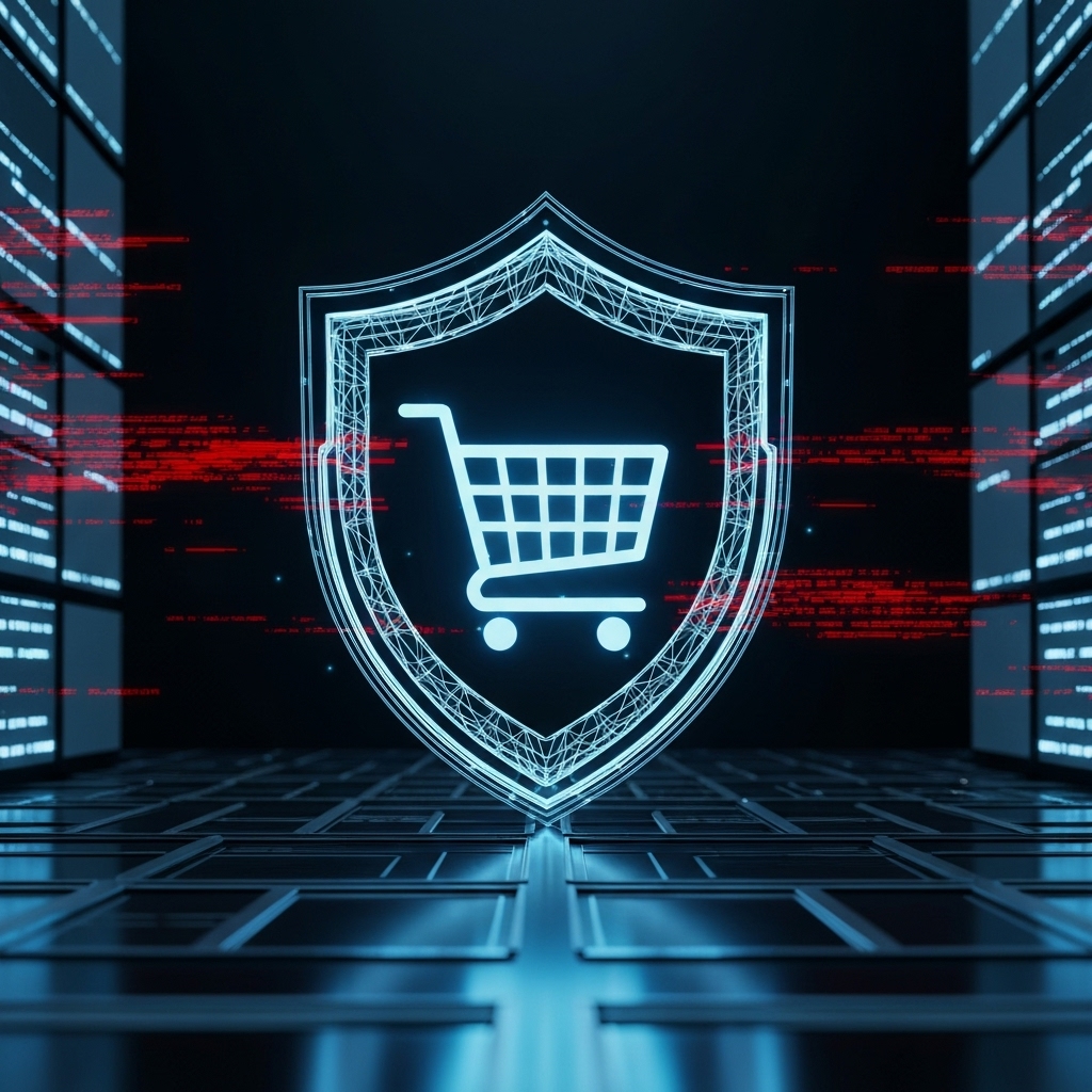 Futuristic digital shield protecting a shopping cart icon against cyber threats and red glitch code