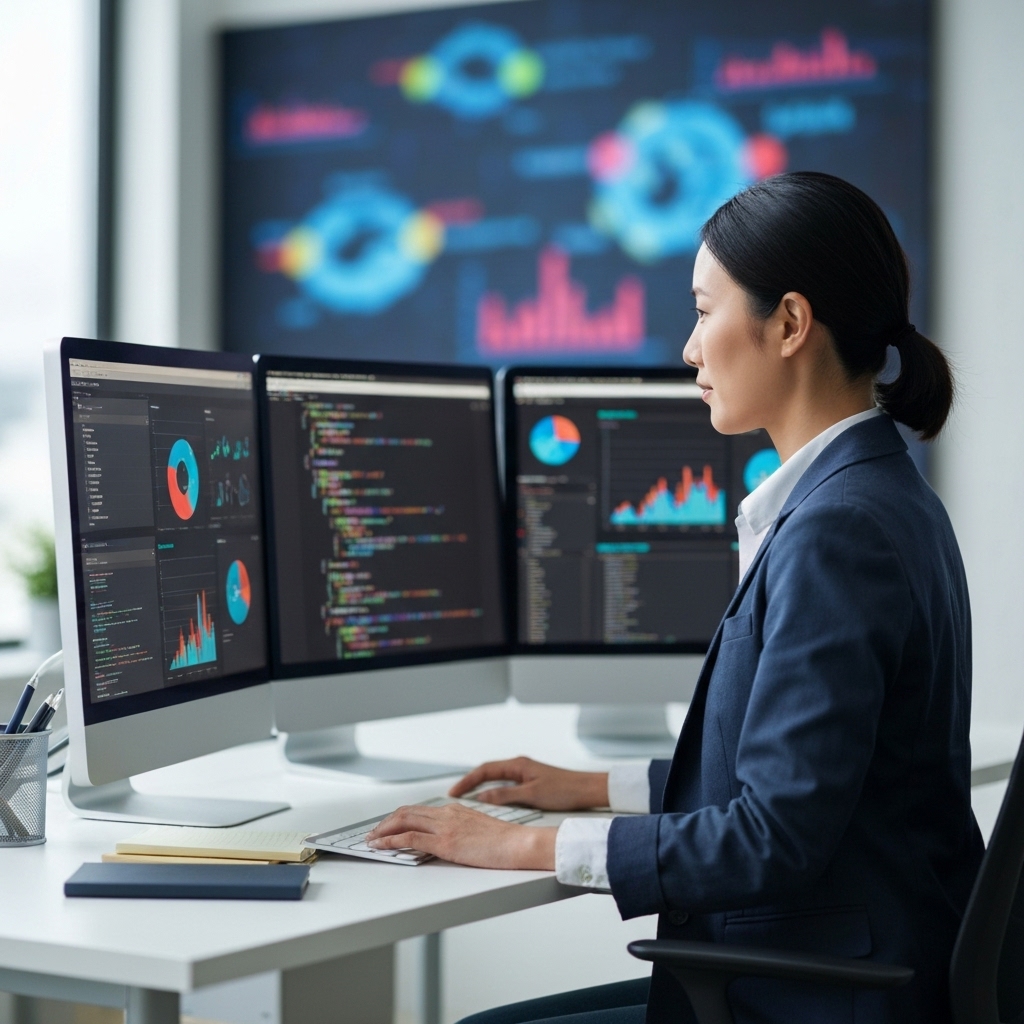 Professional web developer analyzing code on monitors with charts showing maintenance cost efficiency