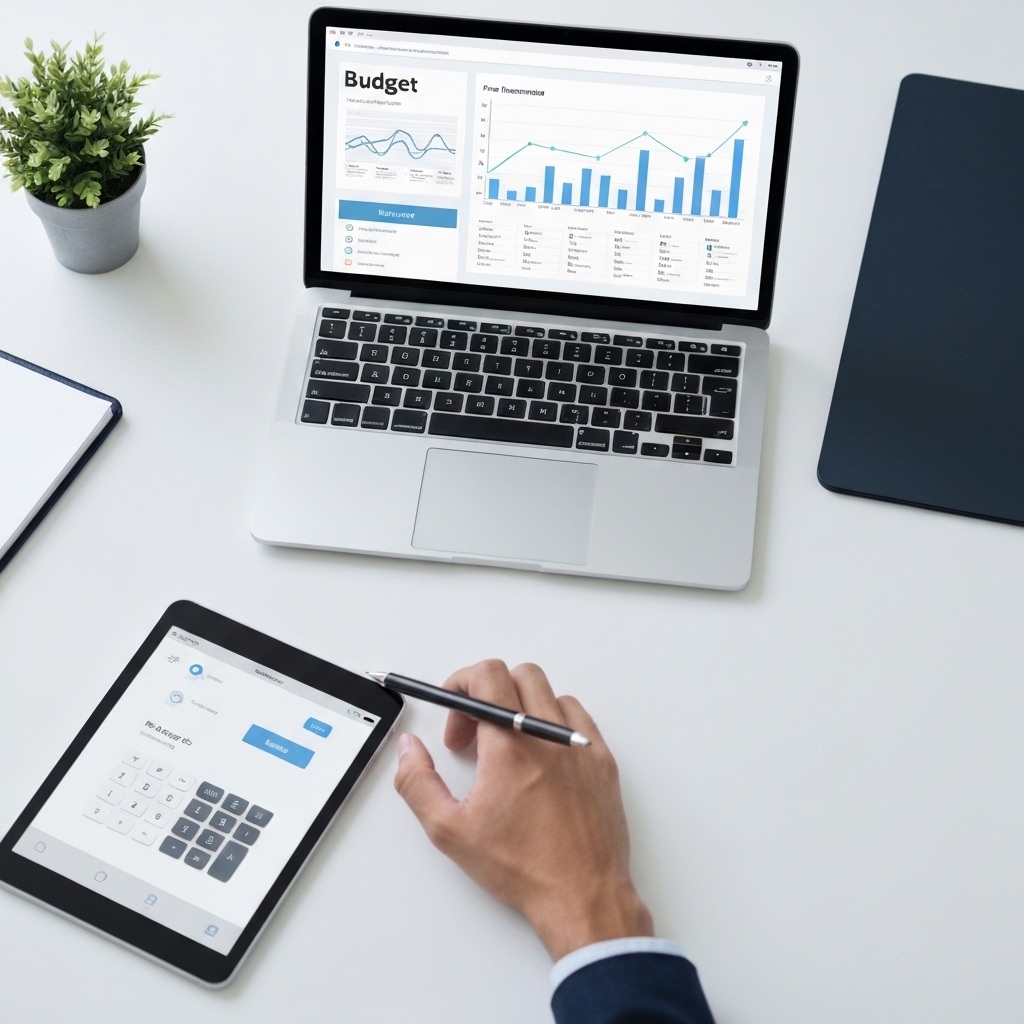 Bureau moderne : ordinateur portable affichant un budget détaillé pour la creation site internet prix. Une main utilise une t