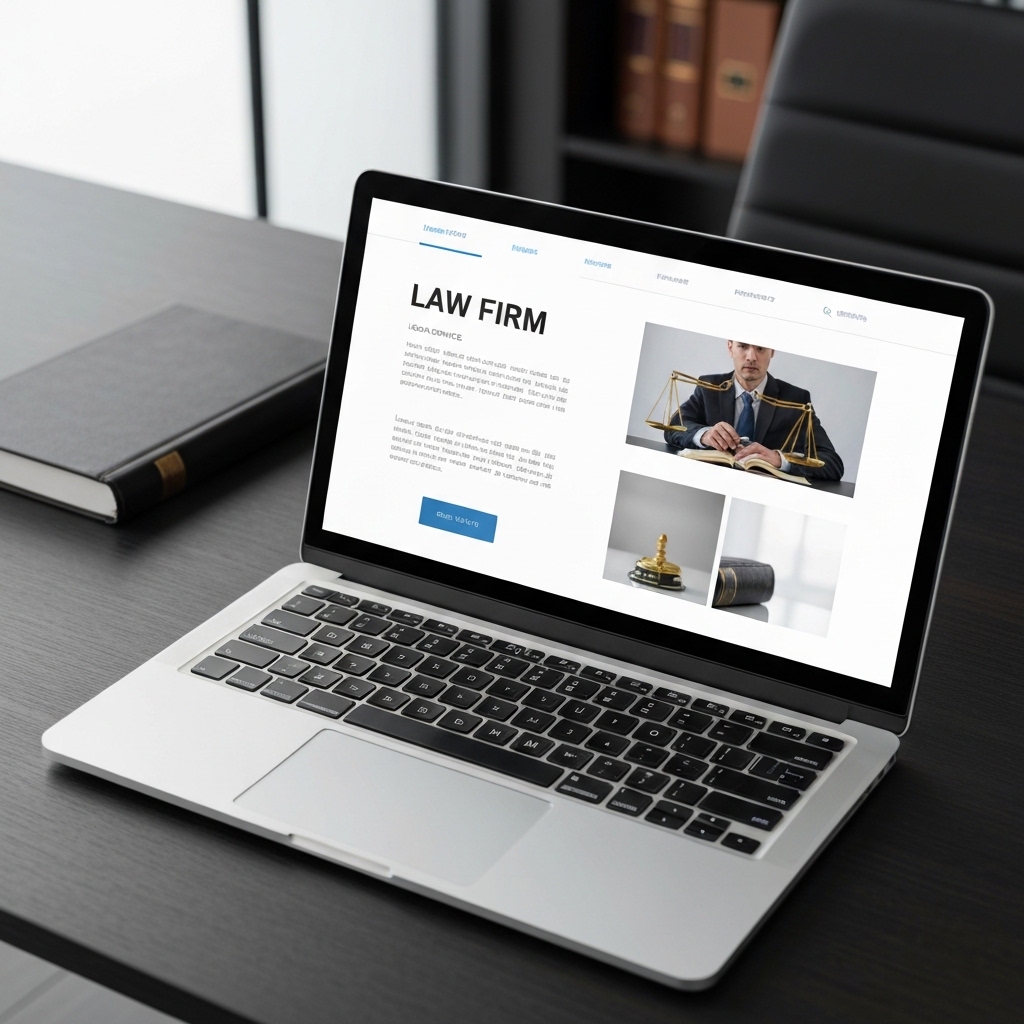 Ordinateur portable affichant un site internet d'avocat moderne. Représente la création site internet avocat en 5 étapes.