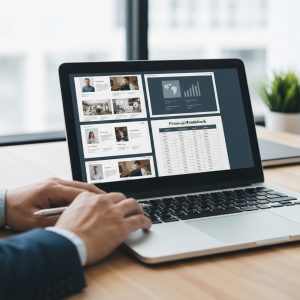 Close-up of hands comparing website creation quotes, a comprehensive 'devis création site internet' displayed on a laptop.