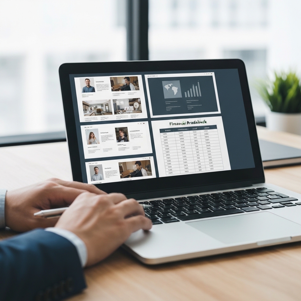 Close-up of hands comparing website creation quotes, a comprehensive 'devis création site internet' displayed on a laptop.