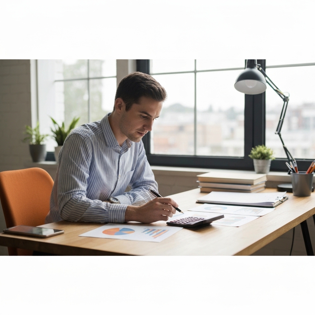 Entrepreneur analysant plusieurs devis papier étalés sur un bureau en bois, calculatrice à côté, lumière naturelle provenant d'une fenêtre de bureau