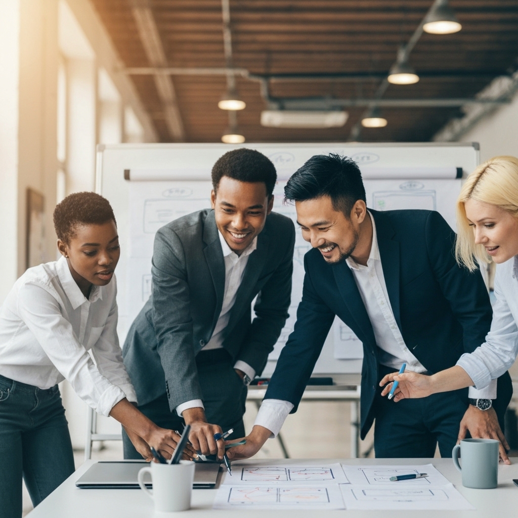A professional team in a modern web agency office brainstorming on a whiteboard with wireframes and code snippets visible, warm lighting, cinematic shot