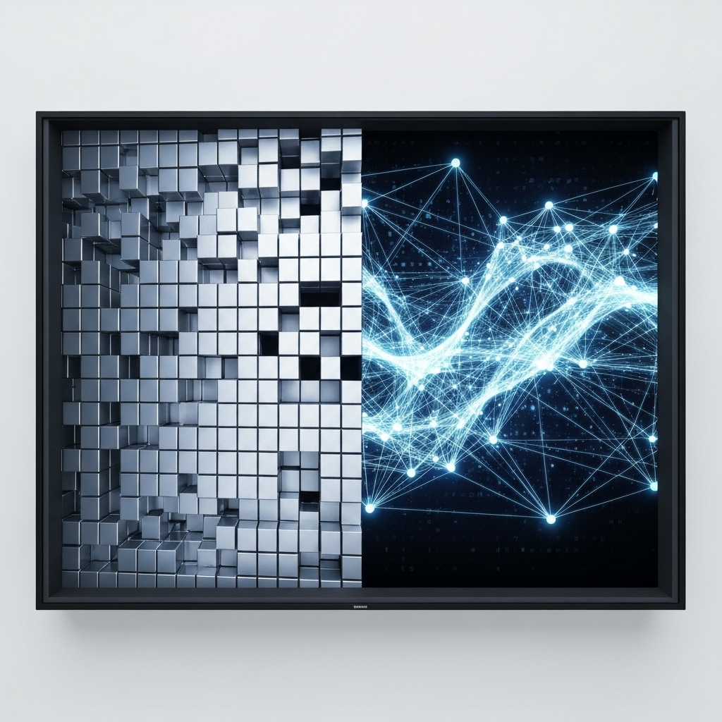 Illustration showing a split screen: one side a rigid block structure representing a template/puzzle, the other side a fluid, dynamic digital architecture representing custom code