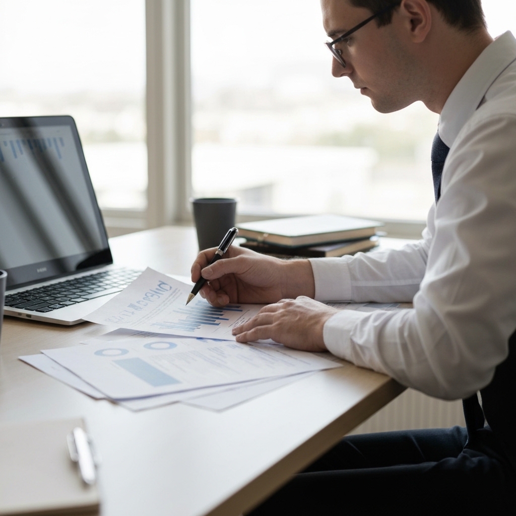 Entrepreneur assis à son bureau examinant plusieurs documents commerciaux étalés devant lui, éclairage naturel par une fenêtre, ambiance professionnelle et concentrée