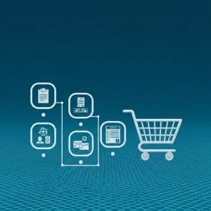 Guide création site e-commerce Prestashop. Processus visuel moderne: étapes clés avec icônes tech et chariot de succès.