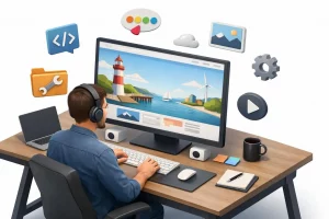 Création de site internet Vendée. Illustration 3D isométrique moderne d'un développeur web créant un site pour la Vendée.