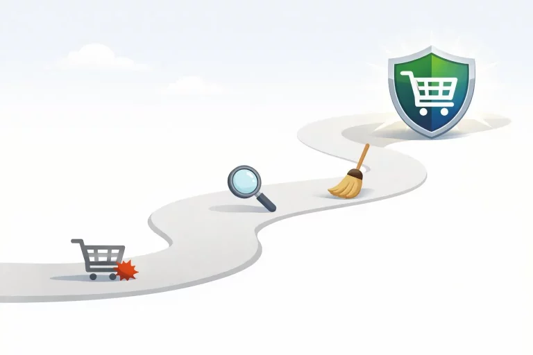 Chemin illustré pour protéger Prestashop des malwares en 2026 : détection, nettoyage et sécurisation de la boutique.