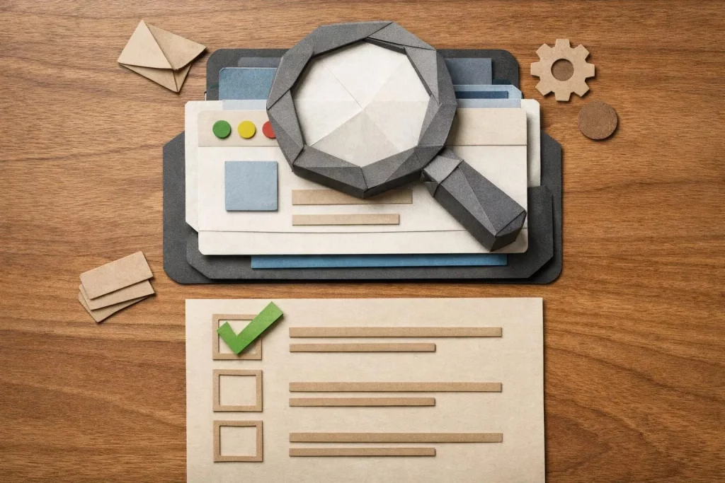 Prestashop addons sécurité avis: image paper craft d'une loupe et checklist vérifiant un module Prestashop.