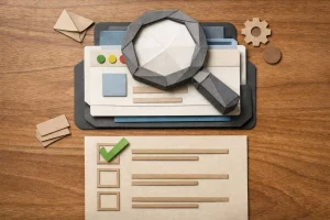 Prestashop addons sécurité avis: image paper craft d'une loupe et checklist vérifiant un module Prestashop.