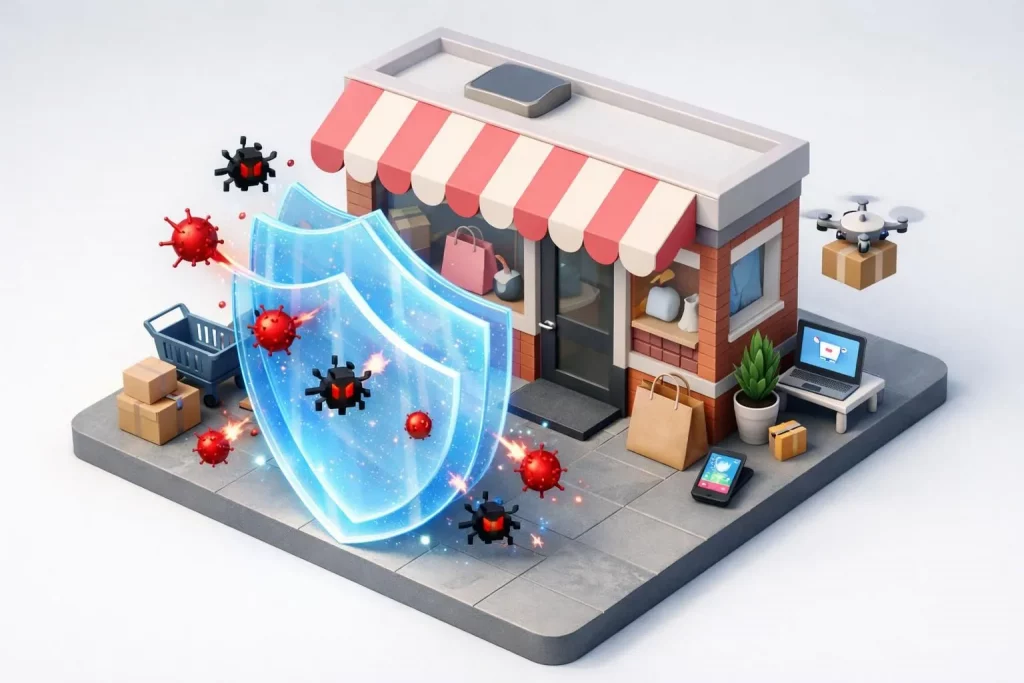 Illustration 3D isométrique d'un pare-feu WAF protégeant une boutique PrestaShop, repoussant les menaces pour une sécurité re