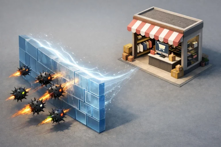 Illustration isométrique 3D d'un firewall protégeant une boutique Prestashop des menaces numériques.