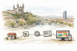 Dessin esquissé d'un parcours de transformation web pour PME à Lyon, symbolisant l'apport d'une agence WordPress Lyon.