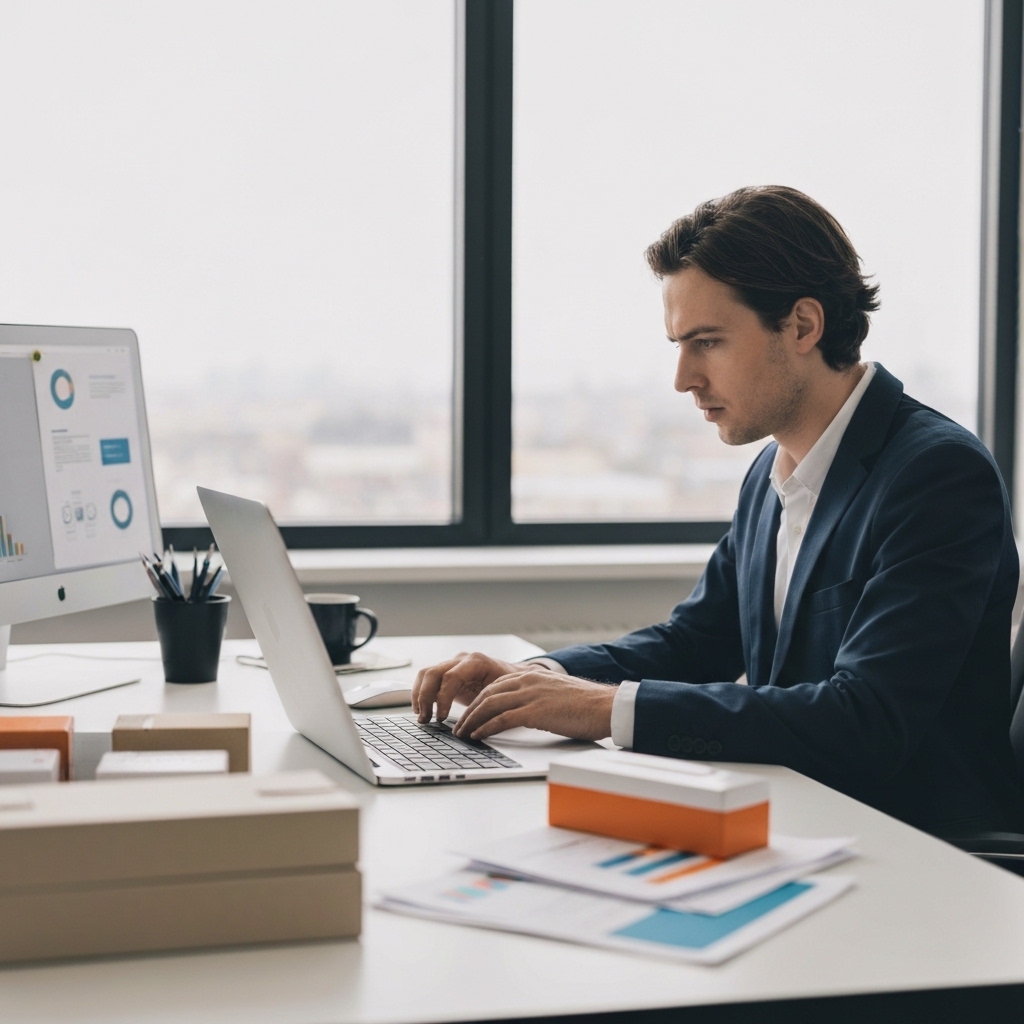 A French entrepreneur working on laptop displaying an online store dashboard, surrounded by product boxes ready for shipping, modern office environment with e-commerce elements visible, realistic business setting