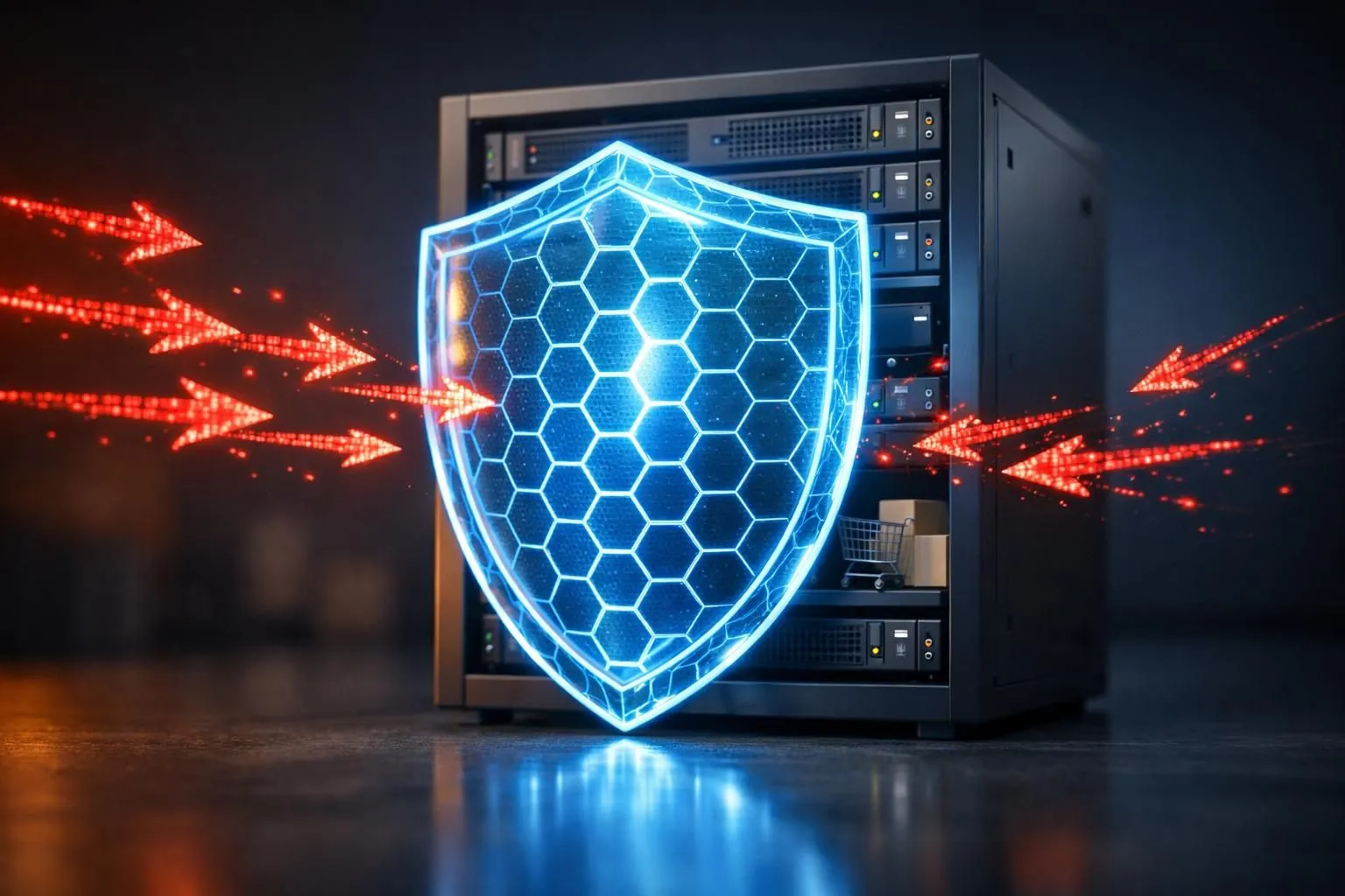 A digital shield made of glowing blue hexagonal patterns protecting a stylized e-commerce server rack, with red malicious code arrows being deflected away, cybersecurity concept for online store protection, dramatic lighting, photorealistic 3D render
