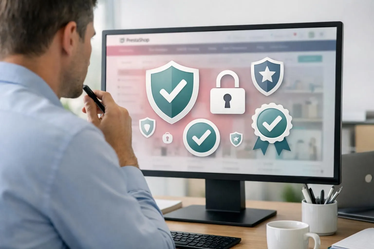 A focused e-commerce professional analyzing security badges and certification icons on a computer screen displaying a PrestaShop marketplace interface, modern office setting with security-related visual elements like shields and checkmarks visible on the monitor, professional environment with soft natural lighting