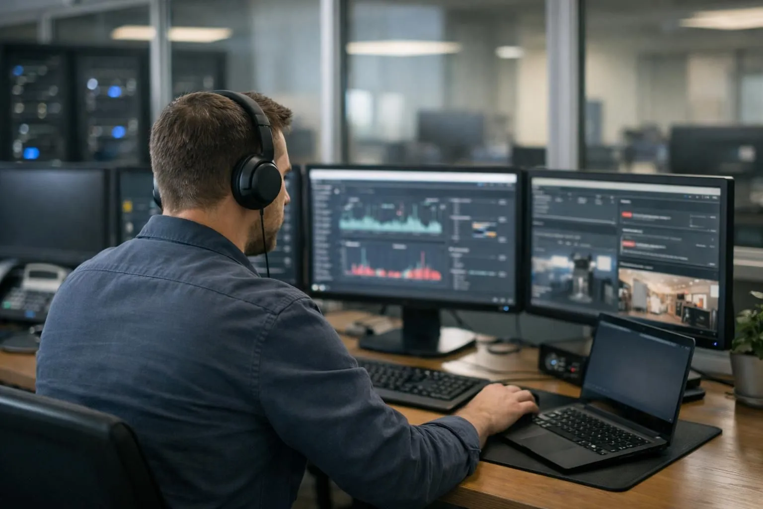 A cybersecurity professional monitoring multiple computer screens displaying network traffic patterns and security dashboards in a modern IT office environment, protecting an e-commerce website, professional lighting, realistic style