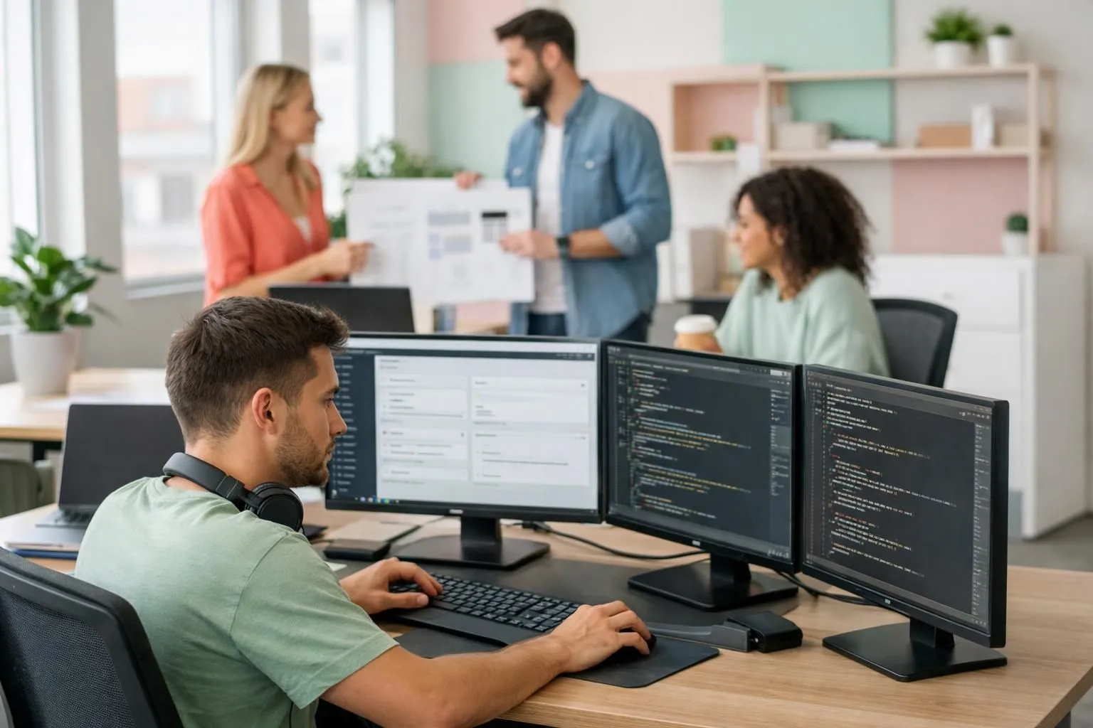 Développeur web travaillant sur plusieurs écrans affichant le tableau de bord WordPress et du code PHP, dans un bureau moderne avec une équipe en arrière-plan discutant autour d'une maquette de site e-commerce
