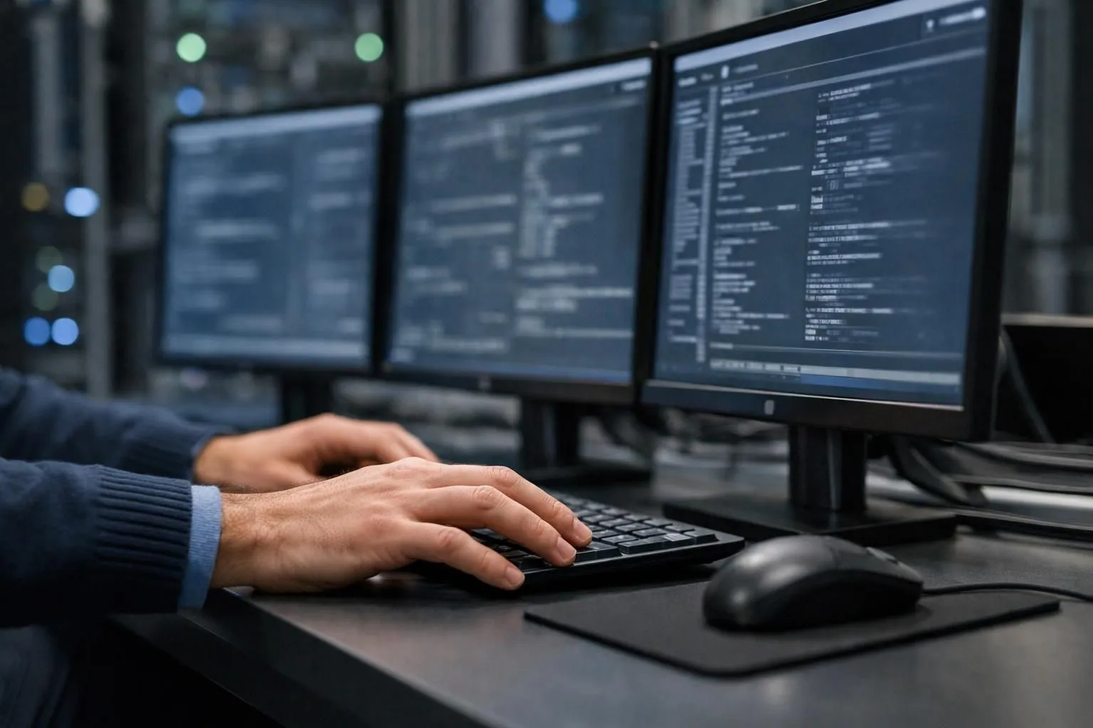 Professionnel IT en chemise analysant des données de cybersécurité sur triple écran, graphiques de trafic réseau et alertes de sécurité visibles, environnement serveur moderne avec éclairage bleuté, concentration intense sur détection de menaces