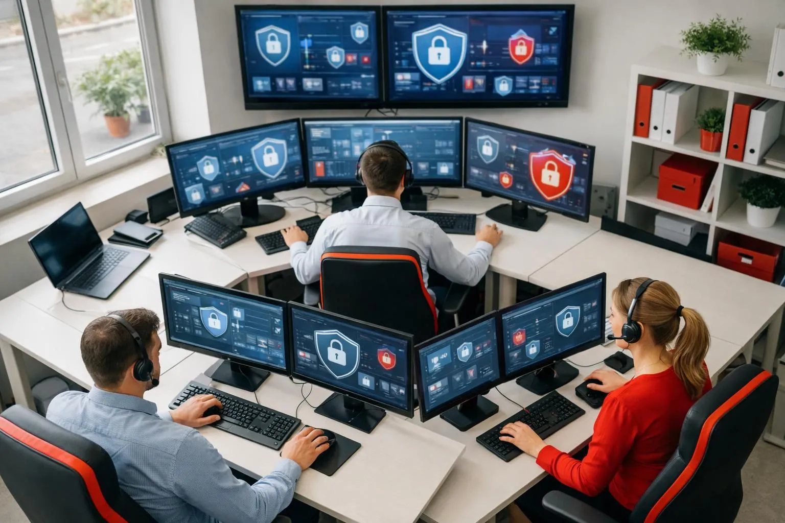 E-commerce security professional analyzing a computer dashboard showing website protection metrics in a modern office environment, cybersecurity monitoring setup with multiple screens displaying shield icons and lock symbols, realistic photography style with natural lighting