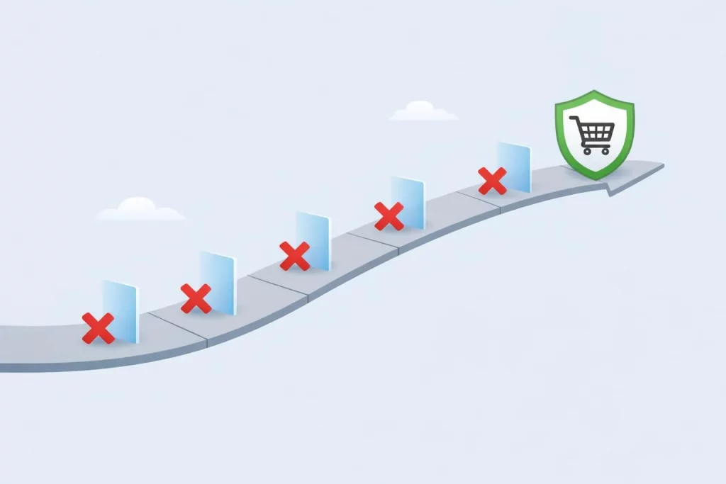 Illustration plate d'un chemin en 5 étapes pour bloquer IP malveillantes PrestaShop et sécuriser votre boutique.