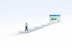 Illustration minimaliste d'une personne sur un chemin vers la création de site internet réussie à Saint-Etienne.