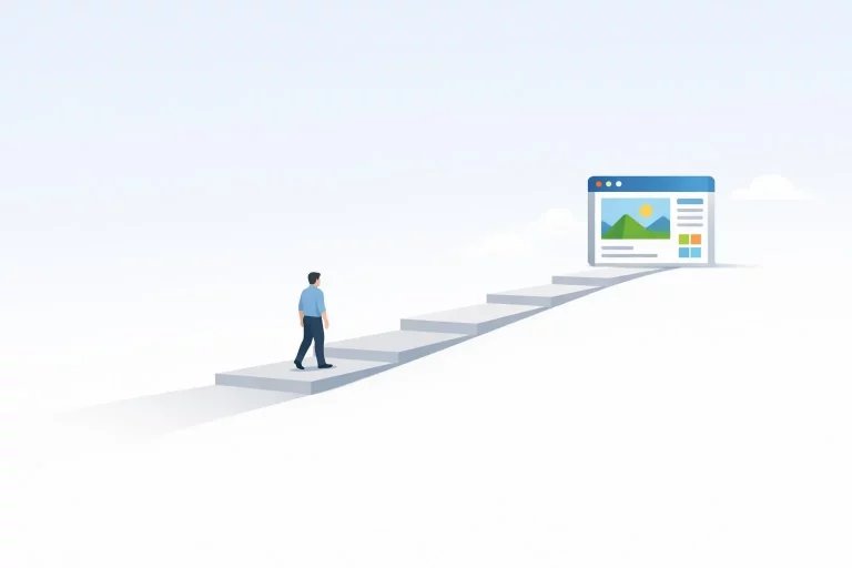 Illustration minimaliste d'une personne sur un chemin vers la création de site internet réussie à Saint-Etienne.