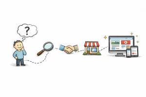 Schéma dessiné à la main d'un parcours pour la création de site internet à Mulhouse, montrant les étapes de choix.