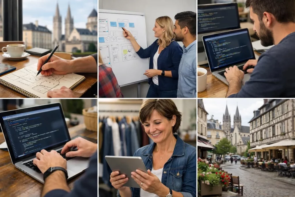 Collage authentique du processus de création d'un site internet à Caen, illustrant les étapes clés d'un projet web réussi en
