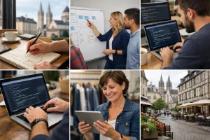 Collage authentique du processus de création d'un site internet à Caen, illustrant les étapes clés d'un projet web réussi en