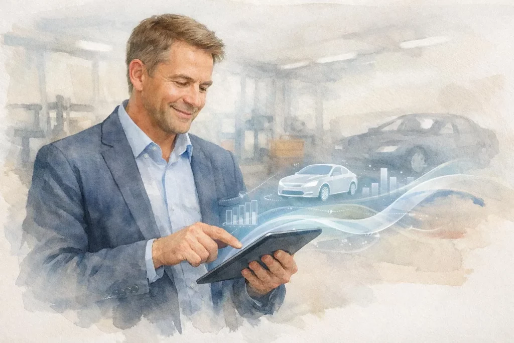Solution SaaS pour gestion d'entreprise automobile. Illustration aquarelle d'un gérant moderne utilisant une tablette.