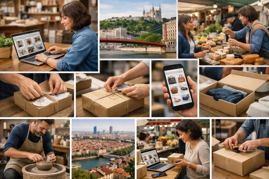 Développement site e-commerce PrestaShop Lyon PME TPE. Collage photos authentiques artisans lyonnais et interface web moderne