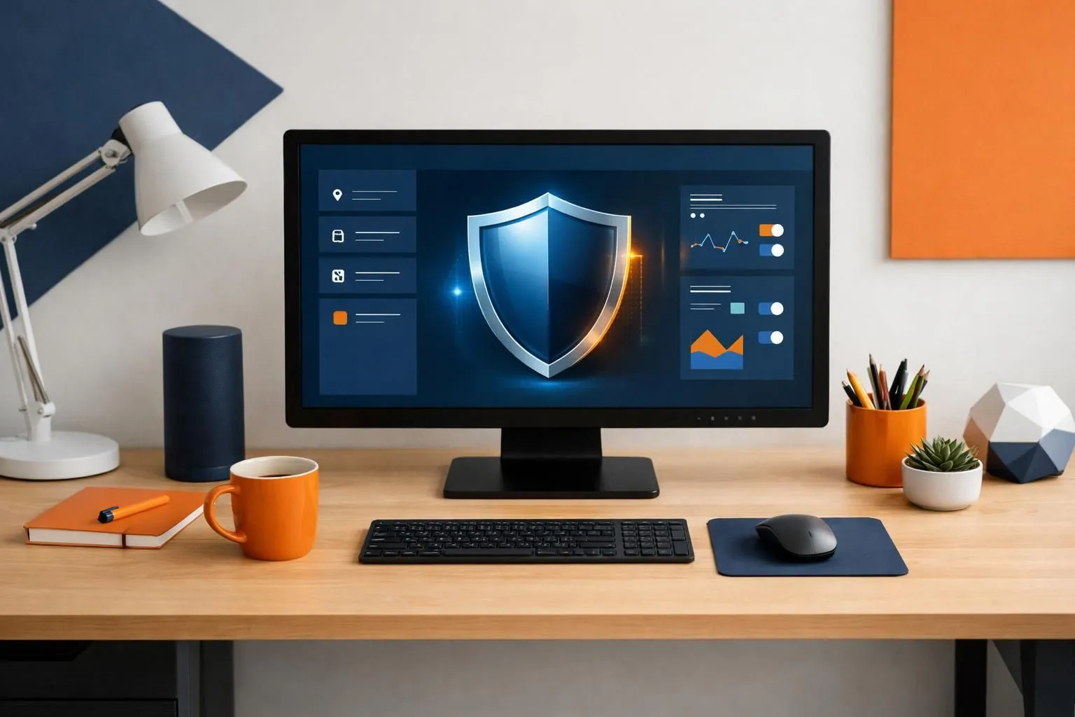 Écran d'ordinateur affichant une interface de sécurité PrestaShop avec un bouclier numérique protégeant des données e-commerce, dans un environnement de bureau professionnel