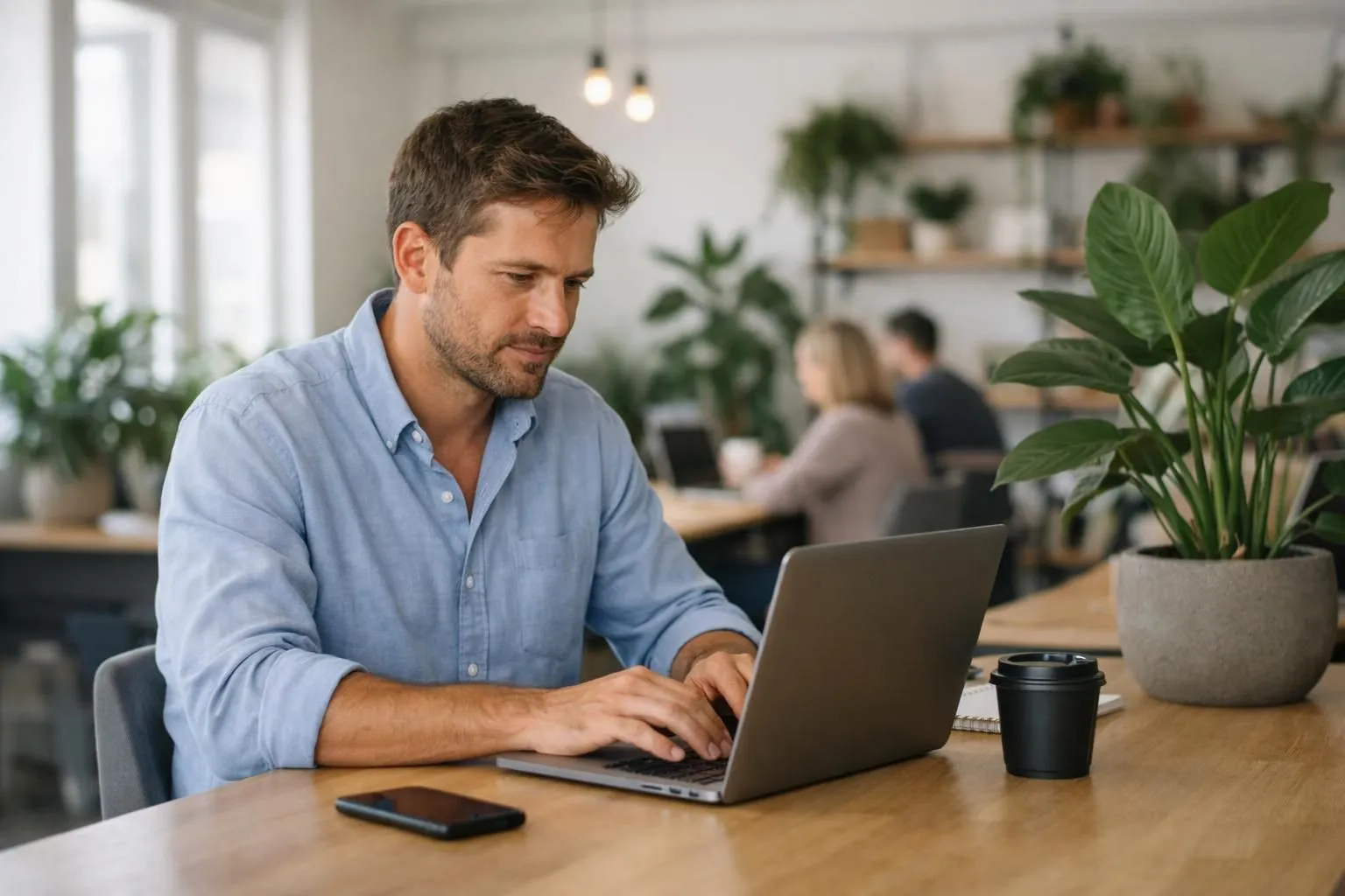 Entrepreneur toulousain concentré devant son ordinateur portable dans un espace de coworking lumineux, écran affichant un tableau de bord analytique, ambiance professionnelle et moderne avec plantes vertes en arrière-plan