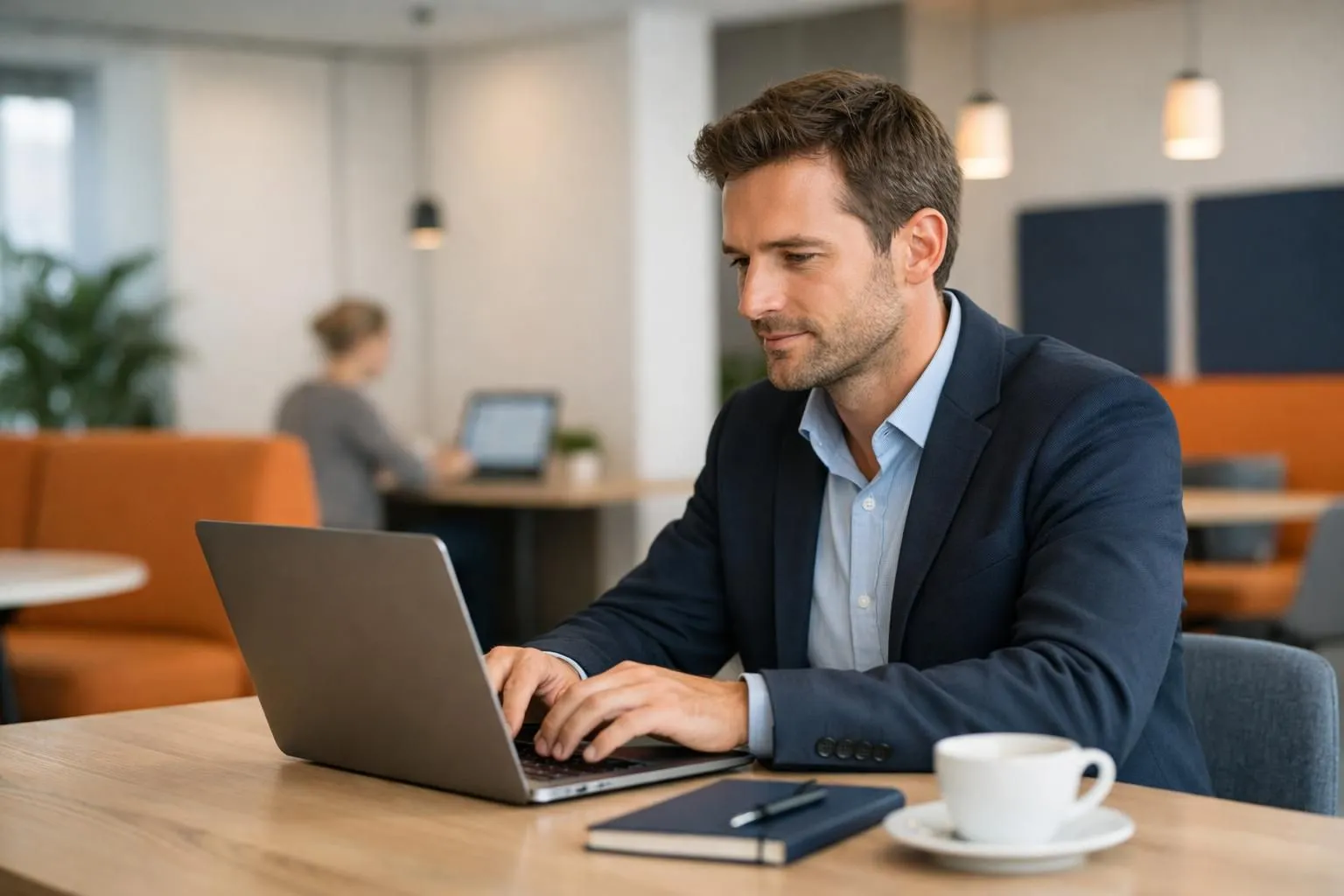 Entrepreneur français travaillant sur un ordinateur portable dans un espace de coworking lumineux, écran affichant un tableau de bord analytique web, ambiance professionnelle et moderne, vue de trois quarts