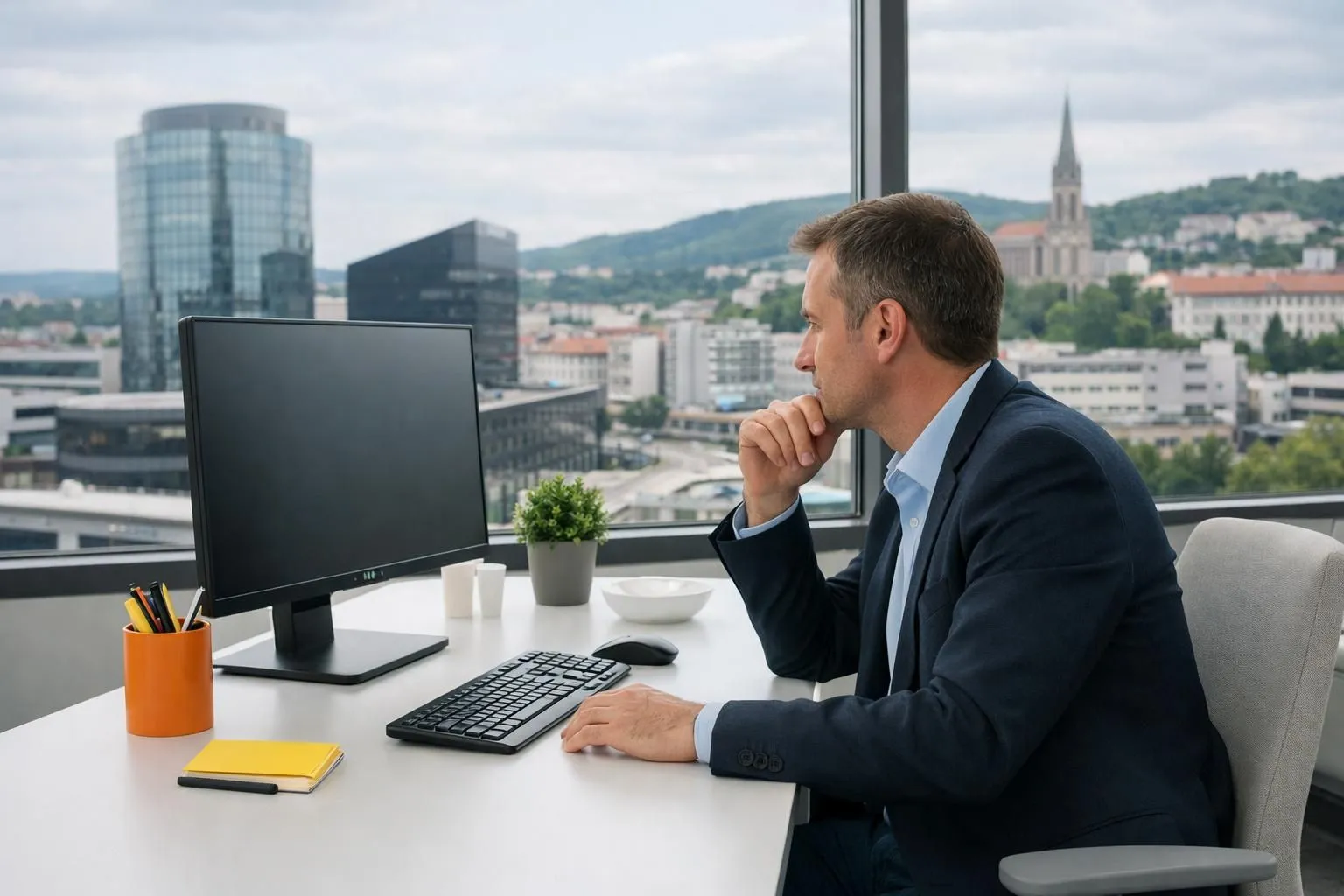 Entrepreneur stéphanois analysant les statistiques de son site web professionnel sur un écran d'ordinateur dans un bureau lumineux, avec vue sur un quartier d'affaires de Saint-Étienne en arrière-plan