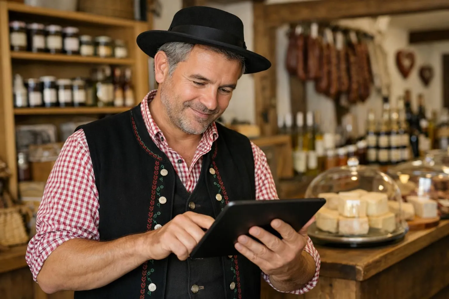 Commerçant alsacien consultant les statistiques de fréquentation de son site web sur une tablette dans son commerce traditionnel, ambiance lumineuse de boutique avec produits locaux en arrière-plan, expression concentrée et satisfaite