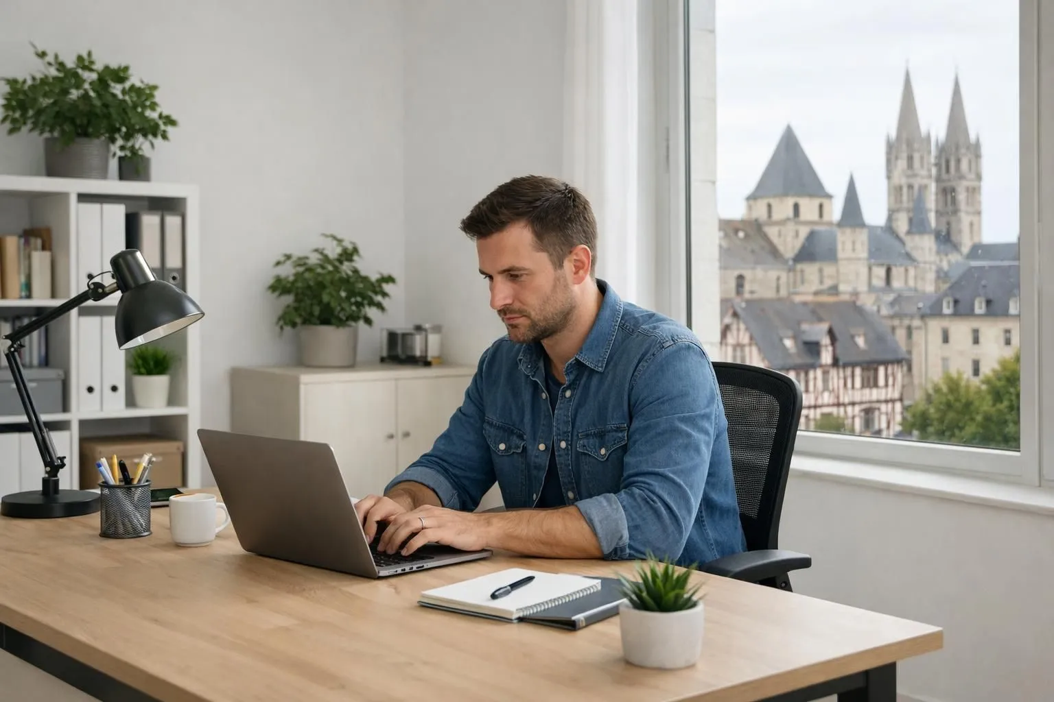 Entrepreneur caennais concentré devant son écran d'ordinateur dans un bureau lumineux avec vue sur des bâtiments normands, travaillant sur la mise en page d'un site web professionnel, ambiance productive et moderne sans aucun texte visible