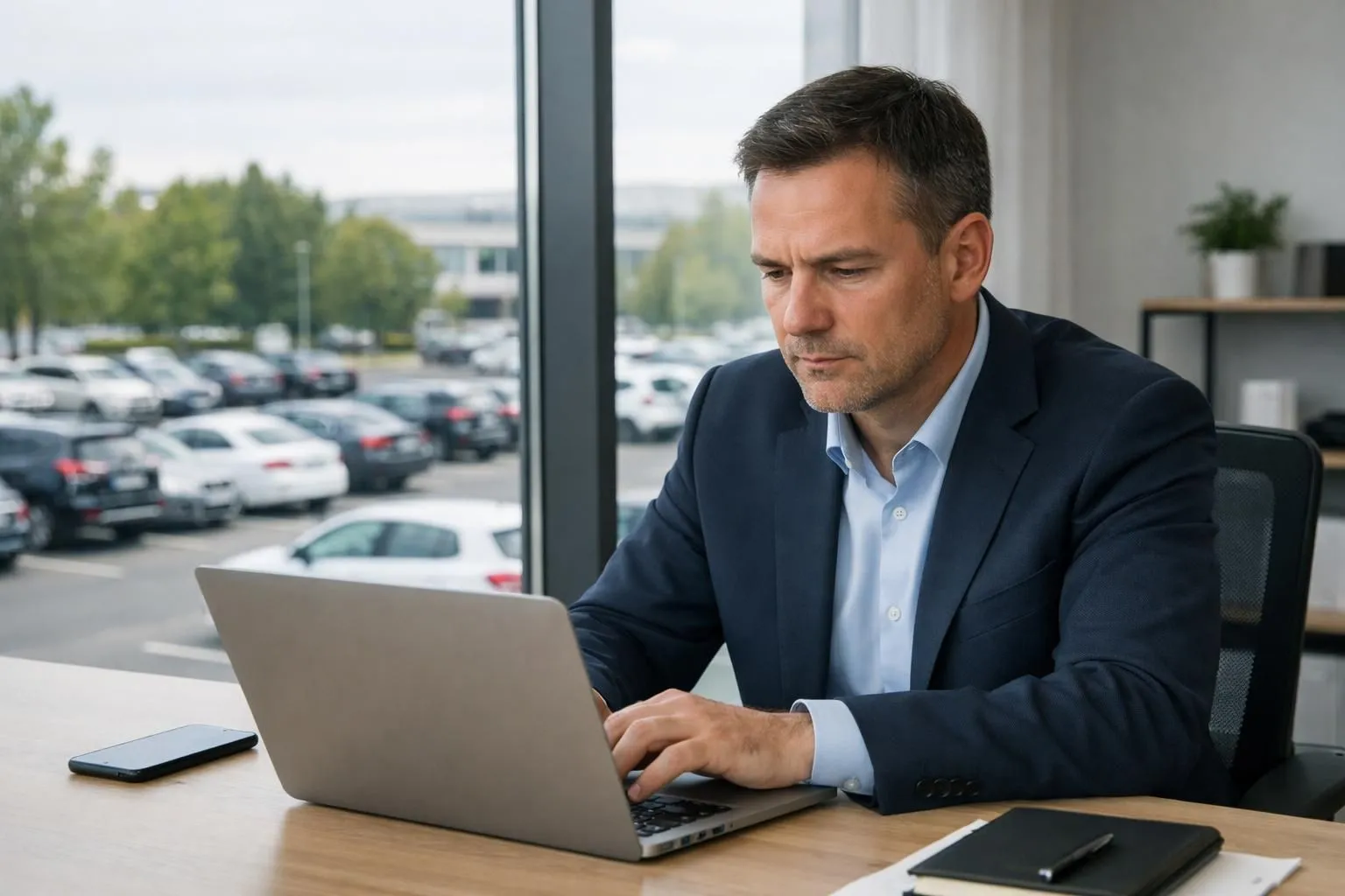 Gestionnaire de flotte automobile consultant un tableau de bord digital sur ordinateur portable dans un bureau moderne avec vue sur un parking de véhicules d'entreprise, ambiance professionnelle lumineuse