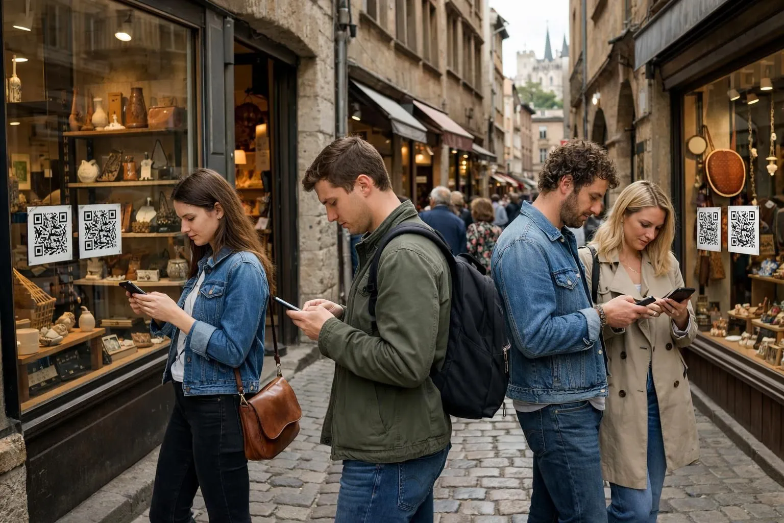 Rue commerçante animée du Vieux Lyon avec des boutiques artisanales affichant des QR codes en vitrine, passants consultant leurs smartphones devant des devantures modernes, architecture typique lyonnaise en arrière-plan, ambiance commerciale dynamique et connectée