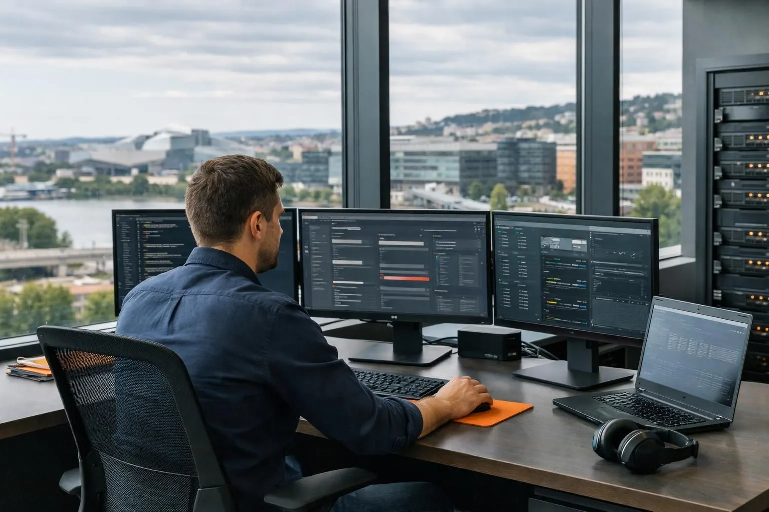 Professional technician analyzing WordPress security alerts on multiple screens in a contemporary Lyon tech office, with visible code diagnostics and server monitoring interfaces, industrial Confluence district visible through windows