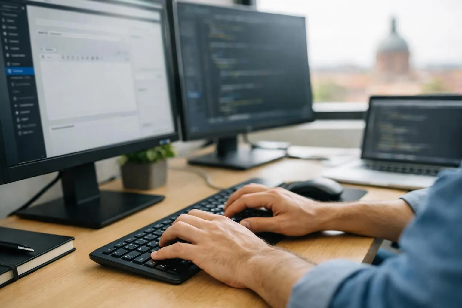 Développeur web professionnel travaillant sur plusieurs écrans affichant du code PHP et une interface WordPress, dans un bureau moderne avec vue sur des bâtiments en briques rouges typiques de Toulouse, atmosphère concentrée et productive