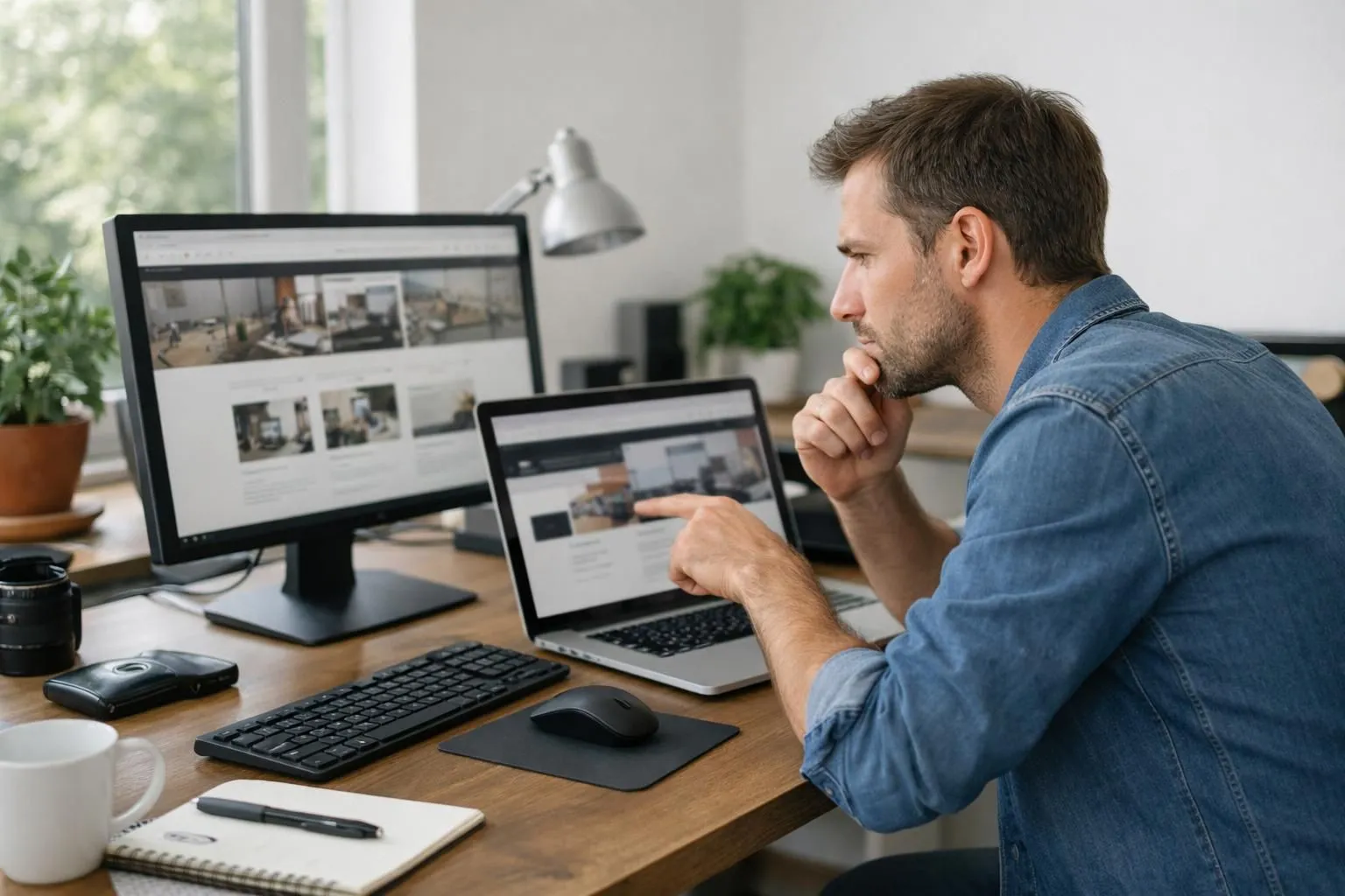 Un développeur web analysant différentes interfaces de sites sur plusieurs écrans, montrant des environnements de développement variés incluant du code PHP, un tableau de bord WordPress et un builder visuel, ambiance bureau moderne avec éclairage naturel