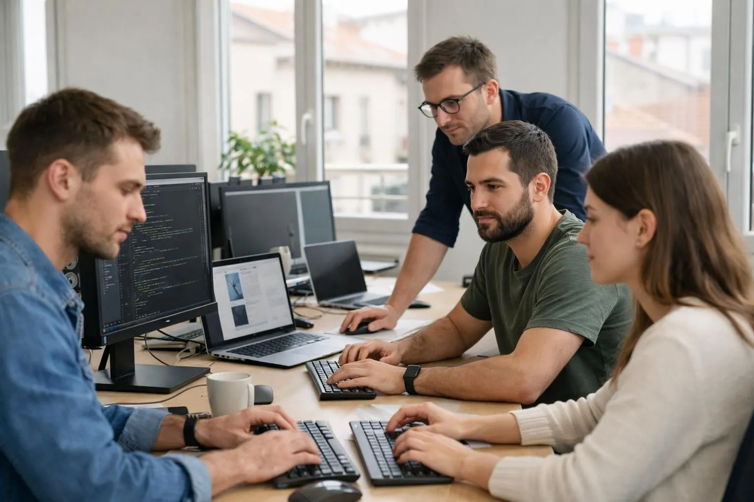 Team of web developers in a modern office in Saint-Etienne working collaboratively on computer screens showing website code and design mockups, professional workspace with multiple monitors displaying WordPress and PrestaShop interfaces, natural lighting, focused atmosphere, NO text, NO logos, NO labels, NO words visible on screens